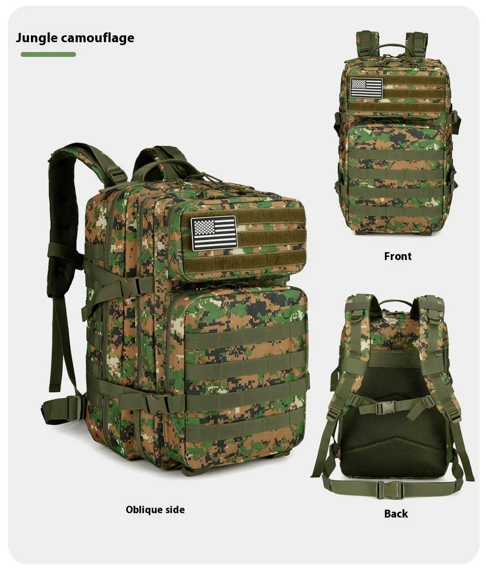56-75L large outdoor travel waterproof backpack in oxford cloth with camouflage pattern and sewing line detail