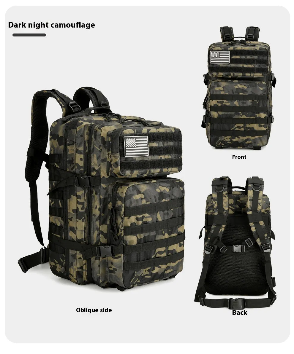 56-75L large outdoor travel waterproof backpack in oxford cloth with camouflage pattern and sewing line detail