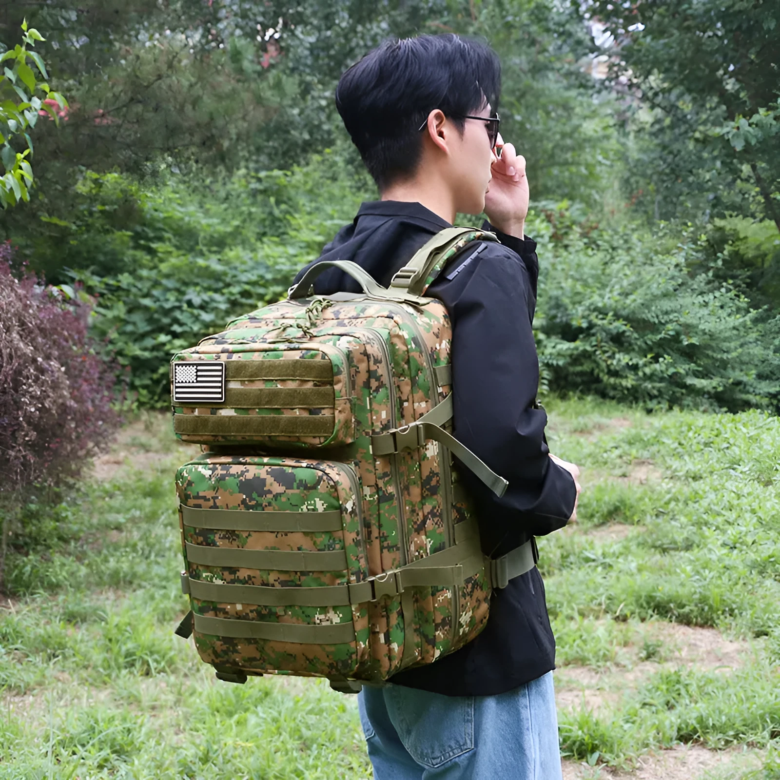 56-75L large outdoor travel waterproof backpack in oxford cloth with camouflage pattern and sewing line detail
