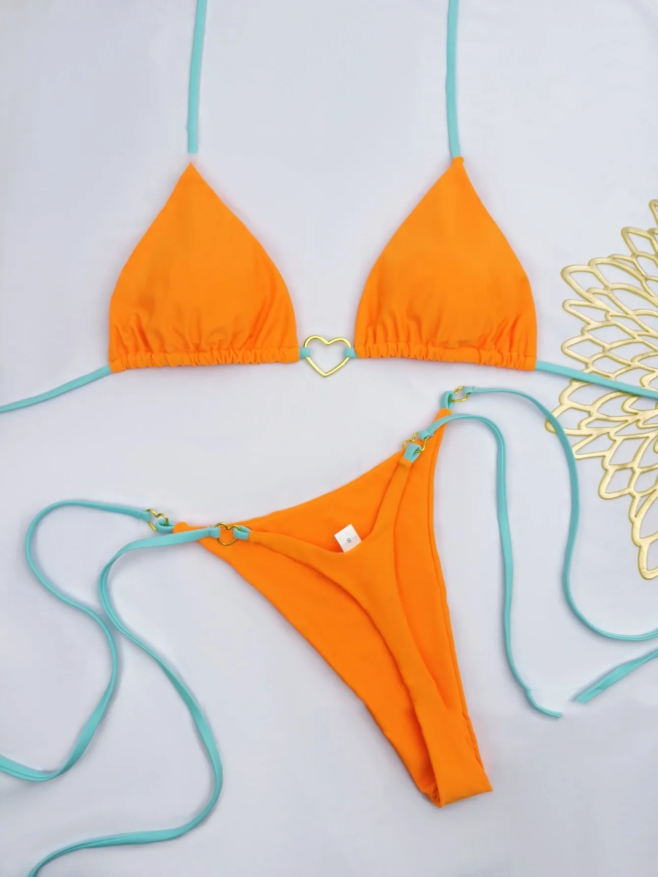Women's lace up split bikini set with high waist briefs in lake blue colour, front lace detail, nylon fabric
