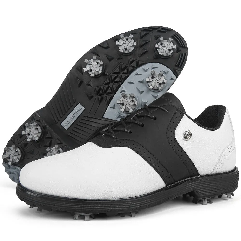 Pair of plus size golf shoes with movable nails, microfiber upper, and round toe in black and white