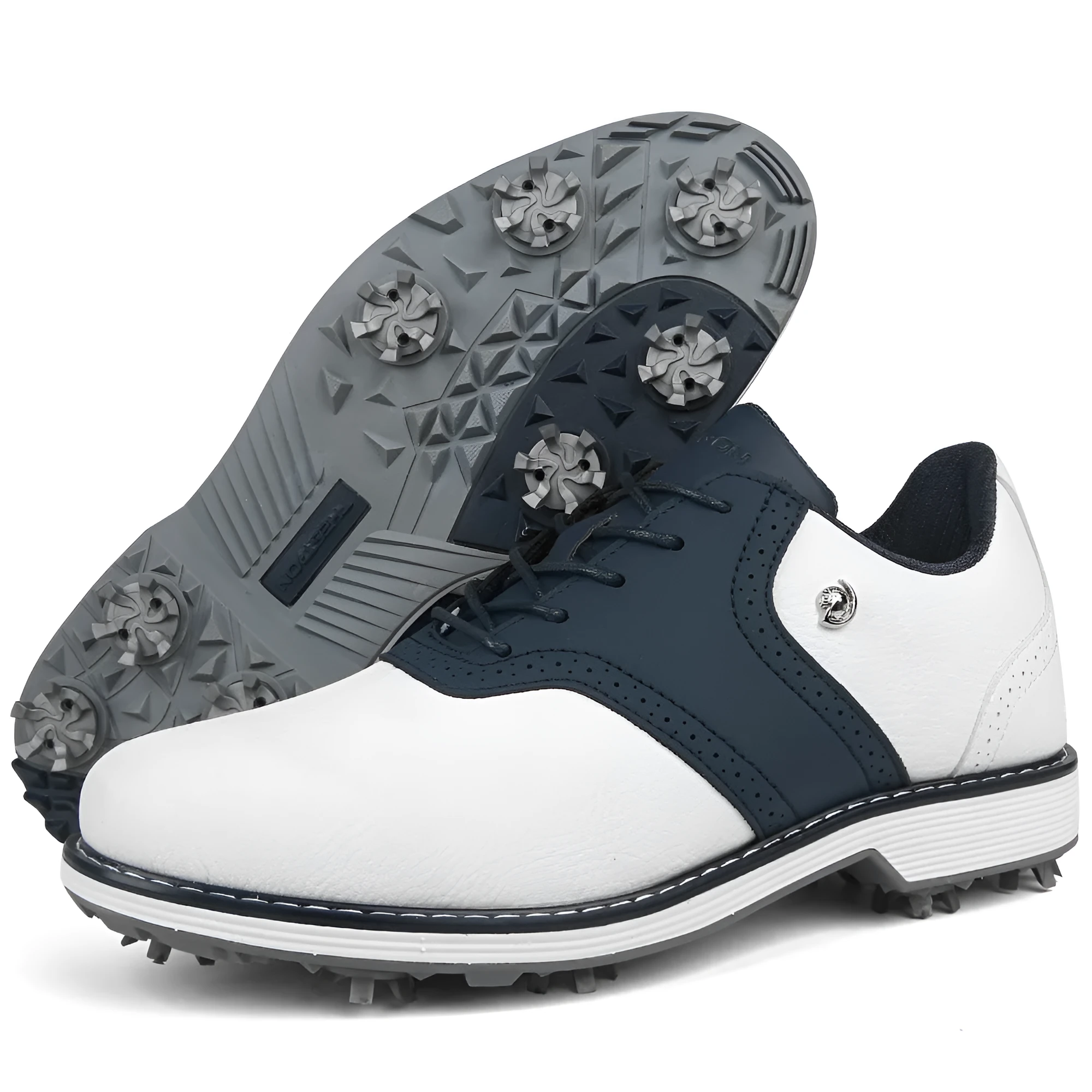 Pair of plus size golf shoes with movable nails, microfiber upper, and round toe in black and white