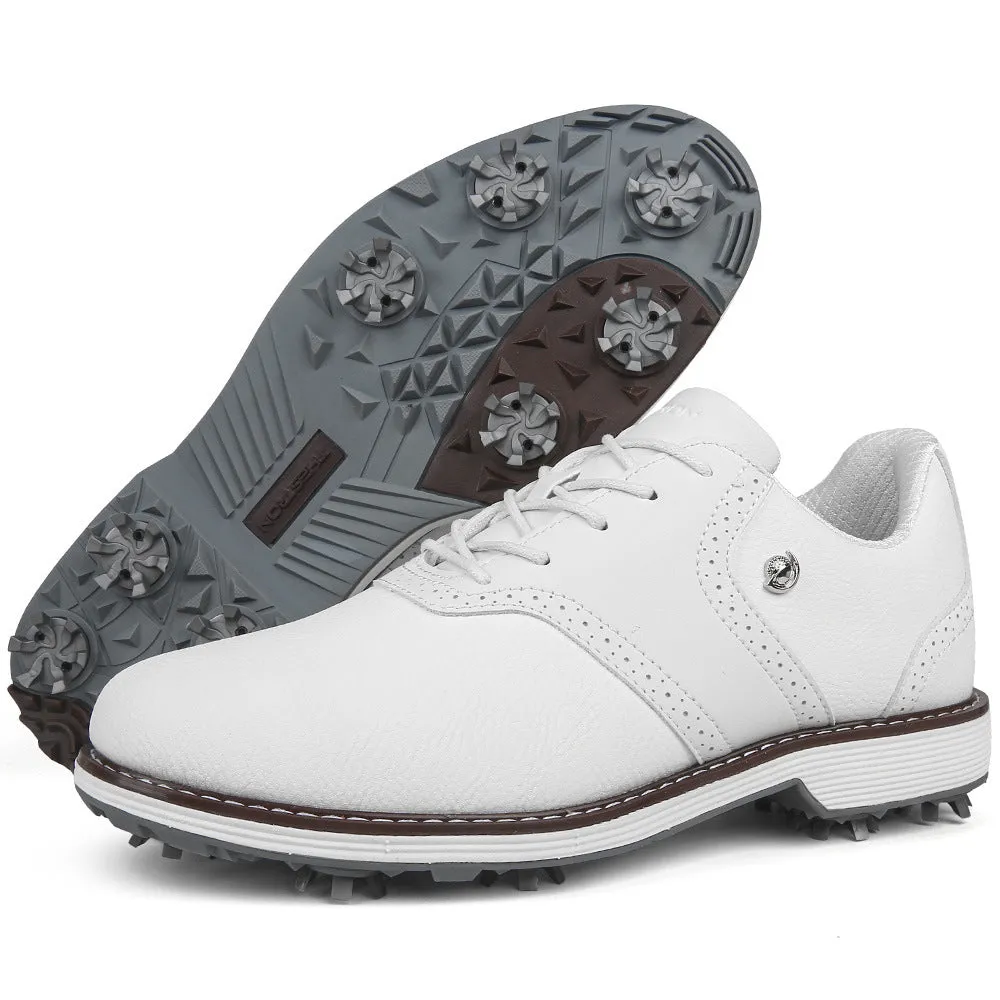 Pair of plus size golf shoes with movable nails, microfiber upper, and round toe in black and white