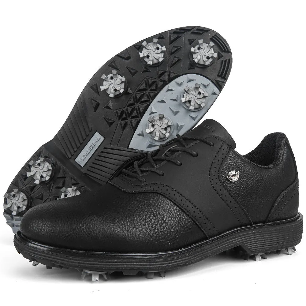 Pair of plus size golf shoes with movable nails, microfiber upper, and round toe in black and white