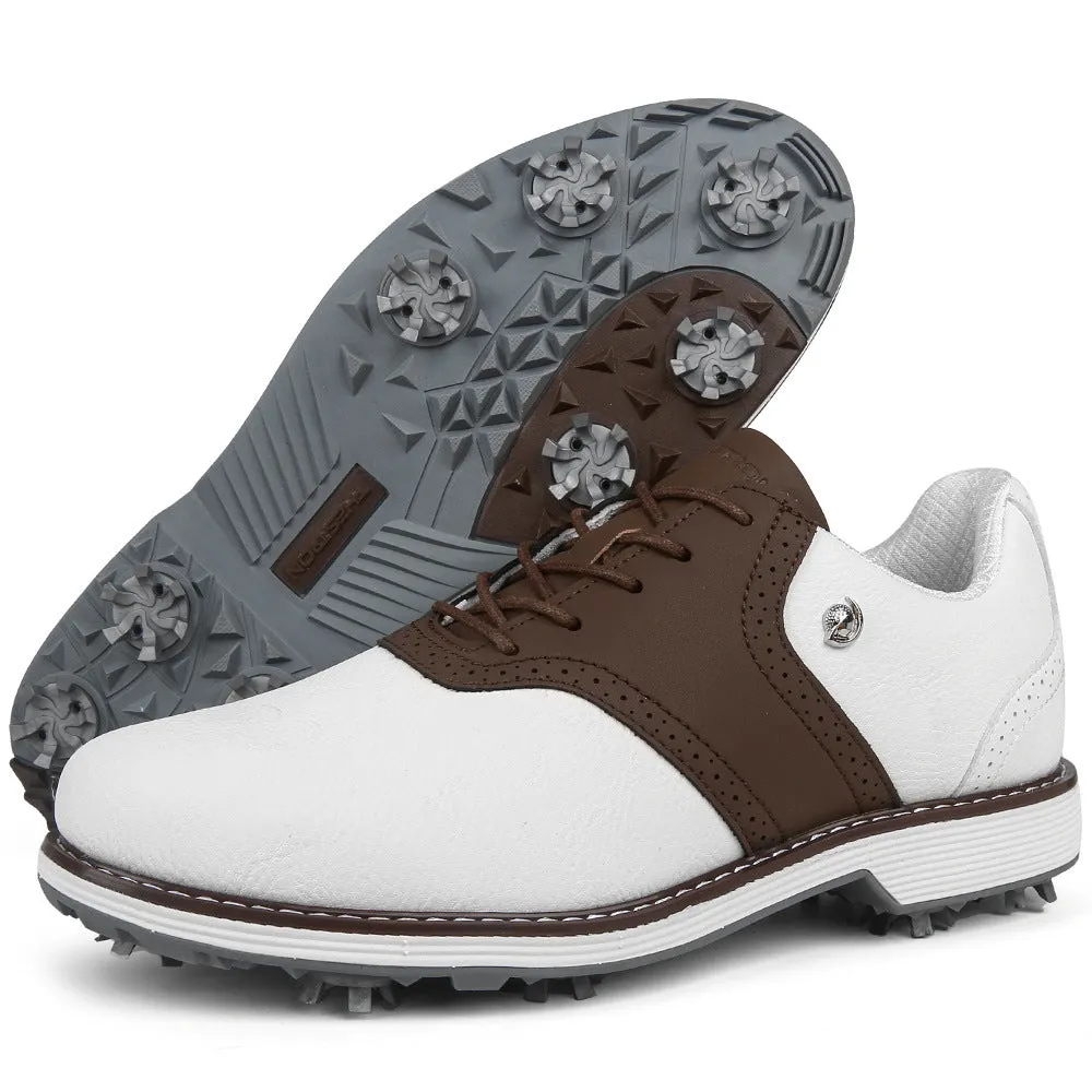 Pair of plus size golf shoes with movable nails, microfiber upper, and round toe in black and white
