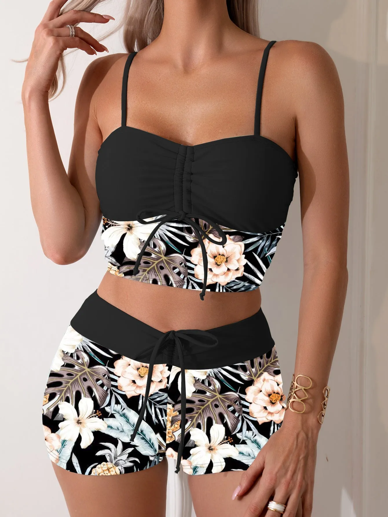 Women's fashion printed drawstring bikini set high waist backless polyester swimwear JP140GR