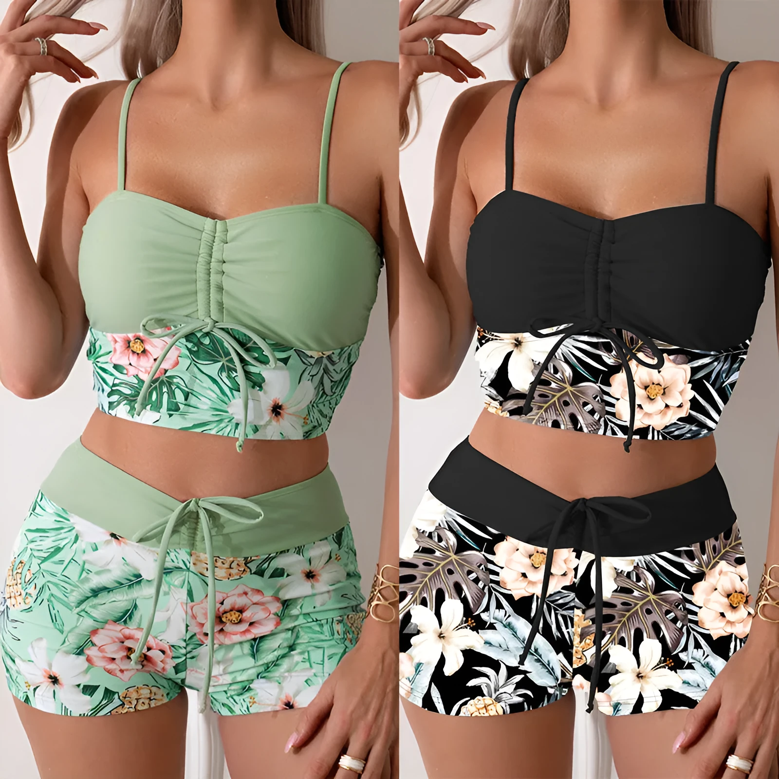 Women's fashion printed drawstring bikini set high waist backless polyester swimwear JP140GR