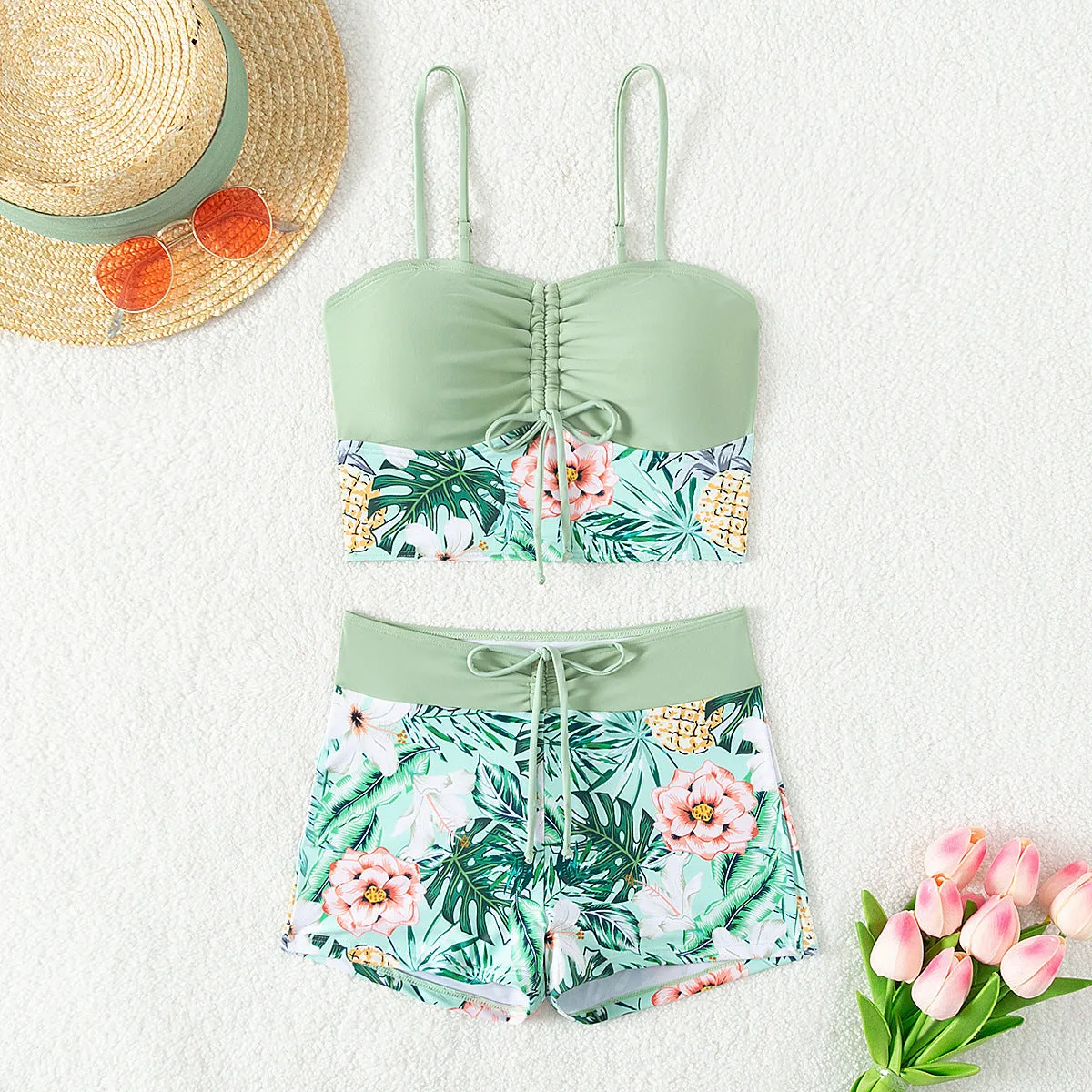 Women's fashion printed drawstring bikini set high waist backless polyester swimwear JP140GR