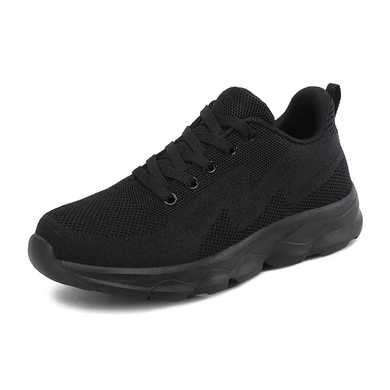 All black women's lightweight mesh sneakers with wedge heel and front lace-up design