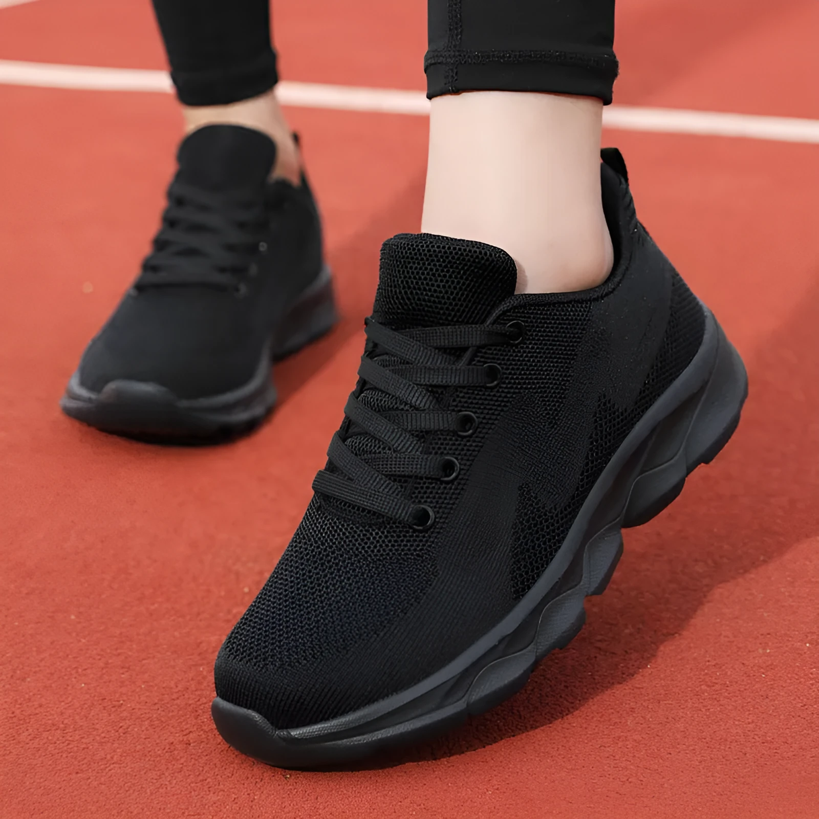 All black women's lightweight mesh sneakers with wedge heel and front lace-up design