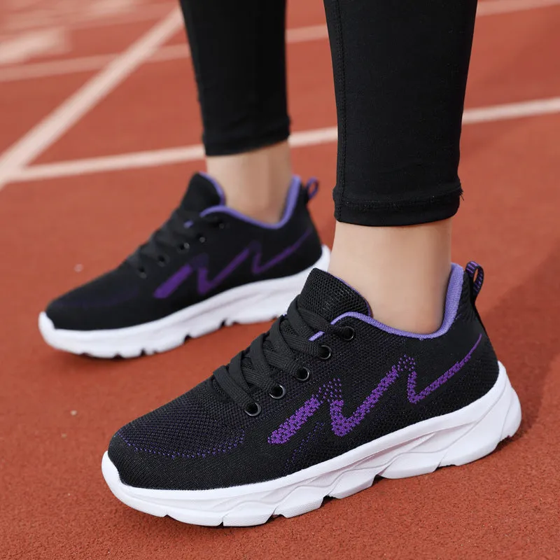 All black women's lightweight mesh sneakers with wedge heel and front lace-up design