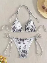Sexy ink painting print halter lace-up bikini set in multicolor for women swimming wading sports, black light blue pink options