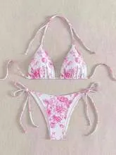 Sexy ink painting print halter lace-up bikini set in multicolor for women swimming wading sports, black light blue pink options