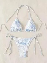 Sexy ink painting print halter lace-up bikini set in multicolor for women swimming wading sports, black light blue pink options