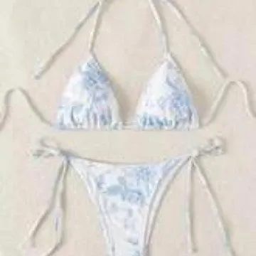 Sexy ink painting print halter lace-up bikini set in multicolor for women swimming wading sports, black light blue pink options