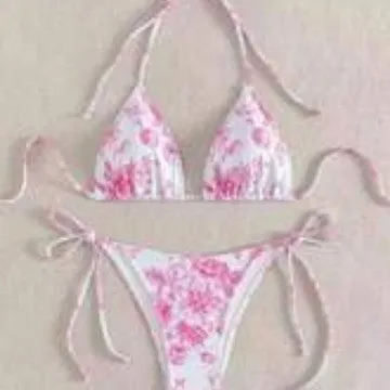 Sexy ink painting print halter lace-up bikini set in multicolor for women swimming wading sports, black light blue pink options