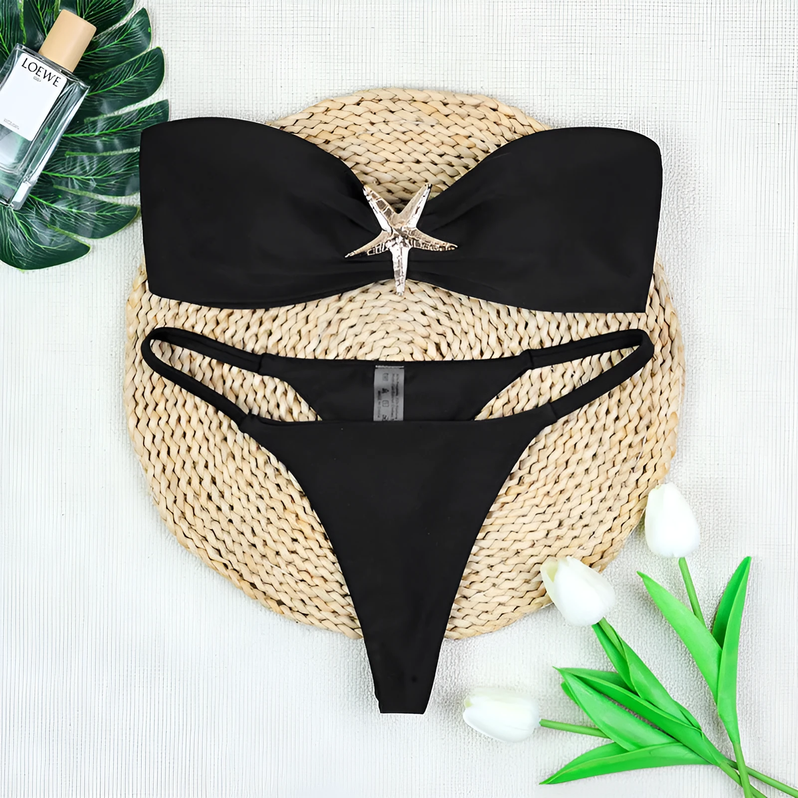 Women's tube top strap backless low waist bikini set in black white and blue nylon fabric with briefs style bottom