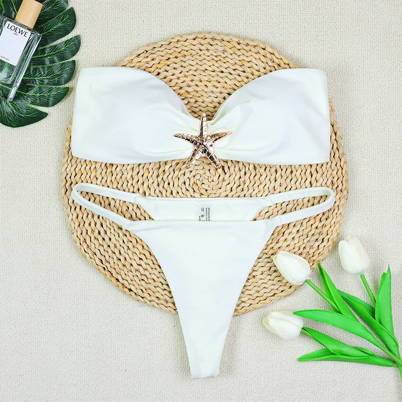 Women's tube top strap backless low waist bikini set in black white and blue nylon fabric with briefs style bottom