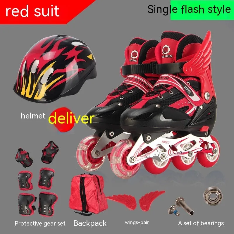 Children's adjustable PU inline skates in yellow with aluminium frame, helmet, protective pads, and backpack.