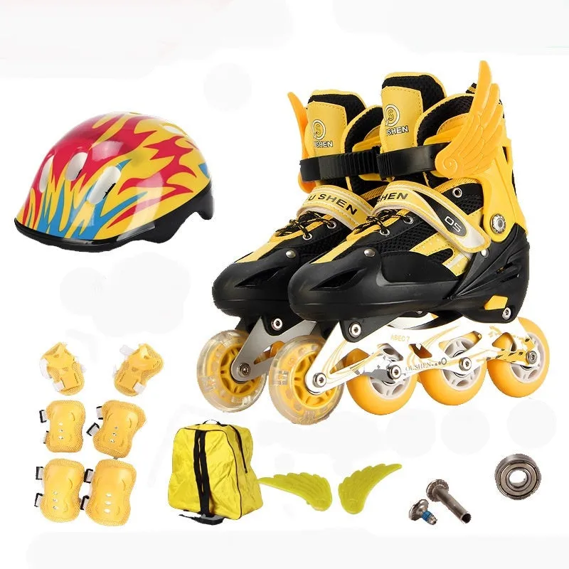 Children's adjustable PU inline skates in yellow with aluminium frame, helmet, protective pads, and backpack.