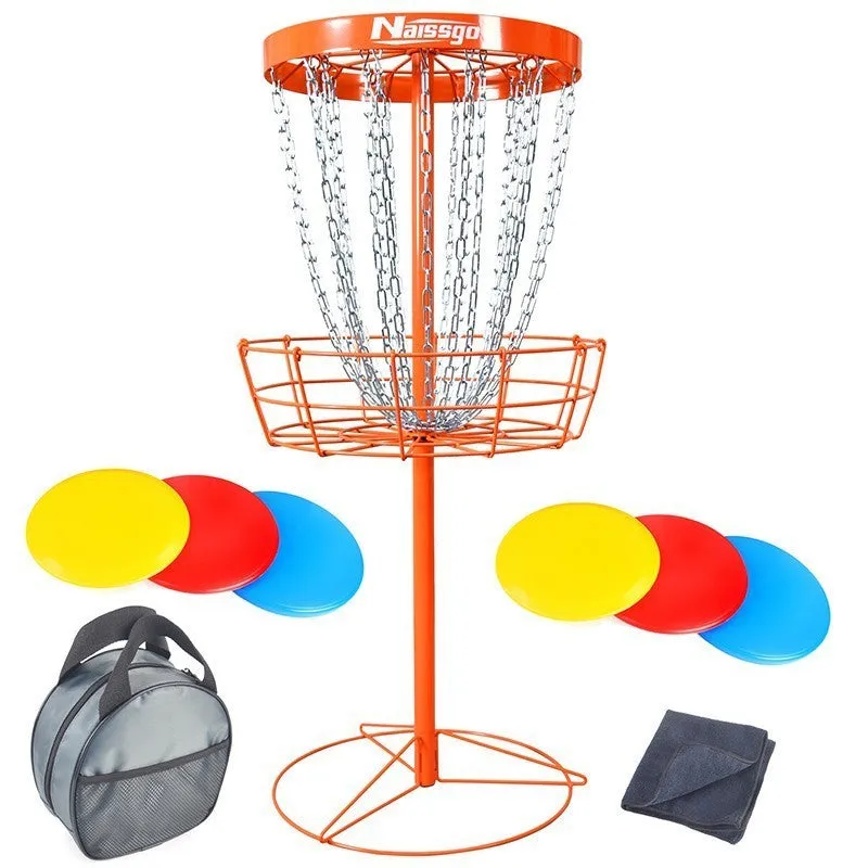 Golf chain rack blocking net with iron frame and 24 chains on grass outdoors