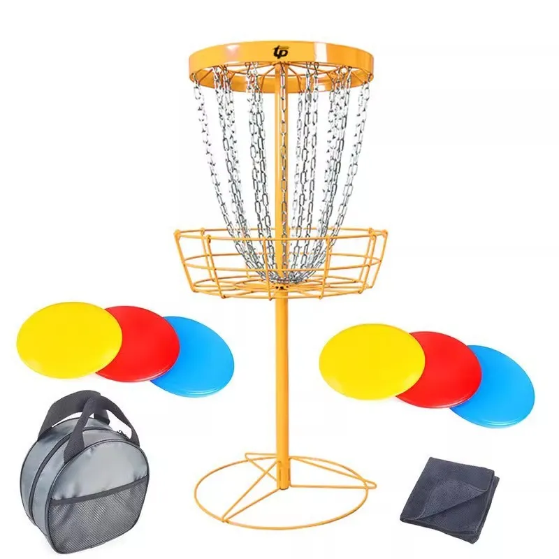 Golf chain rack blocking net with iron frame and 24 chains on grass outdoors