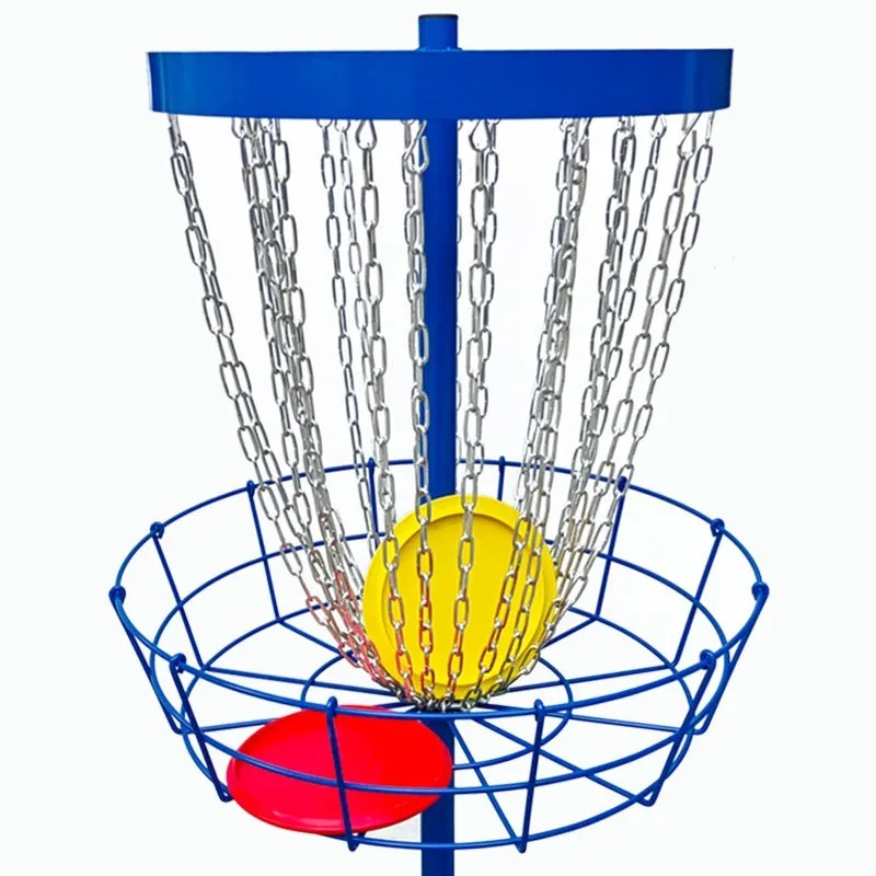 Golf chain rack blocking net with iron frame and 24 chains on grass outdoors