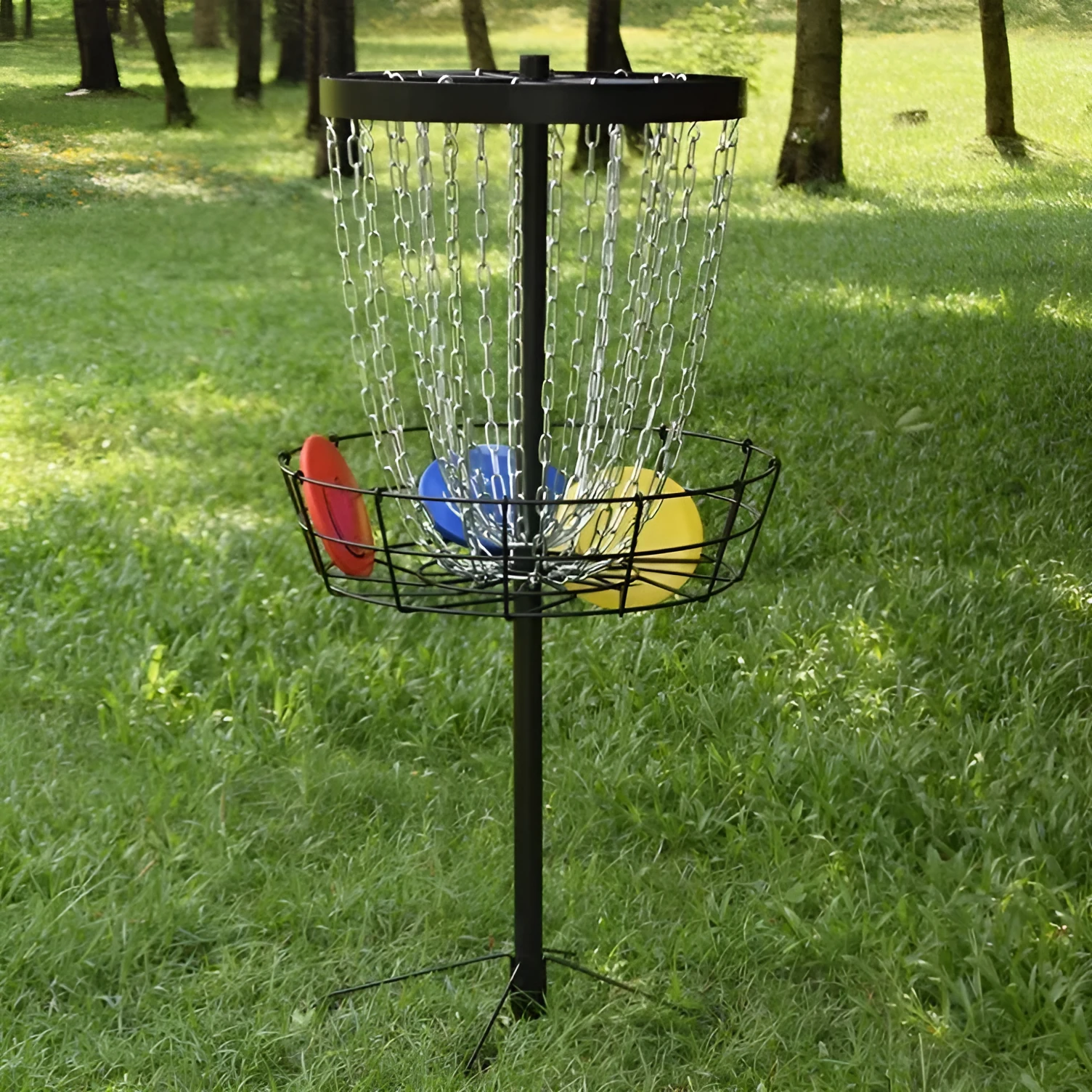 Golf chain rack blocking net with iron frame and 24 chains on grass outdoors