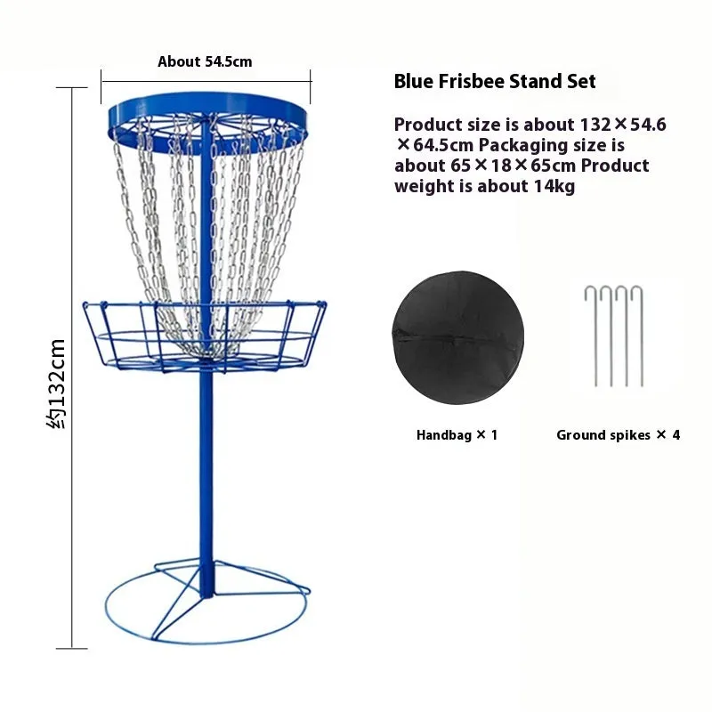 Golf chain rack blocking net with iron frame and 24 chains on grass outdoors