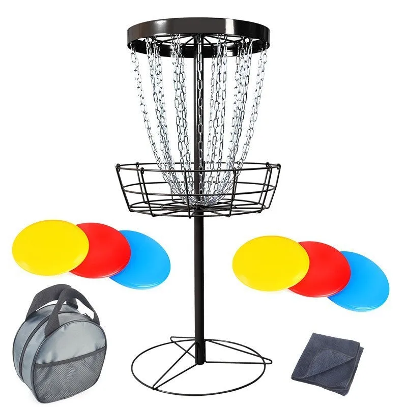 Golf chain rack blocking net with iron frame and 24 chains on grass outdoors