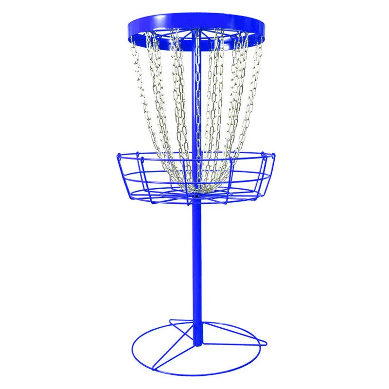 Golf chain rack blocking net with iron frame and 24 chains on grass outdoors