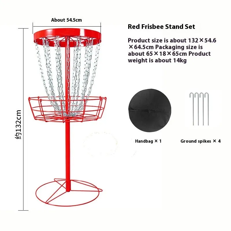 Golf chain rack blocking net with iron frame and 24 chains on grass outdoors