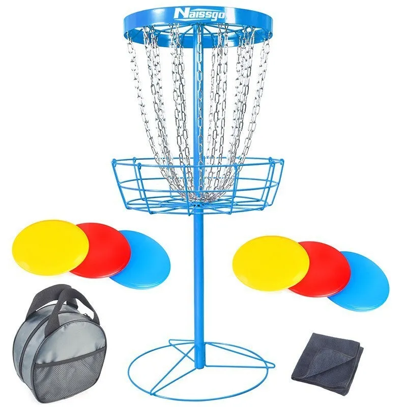 Golf chain rack blocking net with iron frame and 24 chains on grass outdoors