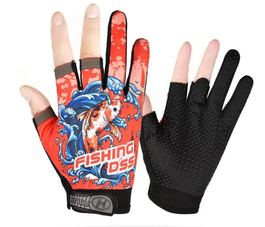 Unisex cycling lure fishing gloves in Smart Black Red with sun protection and windproof knitted fabric