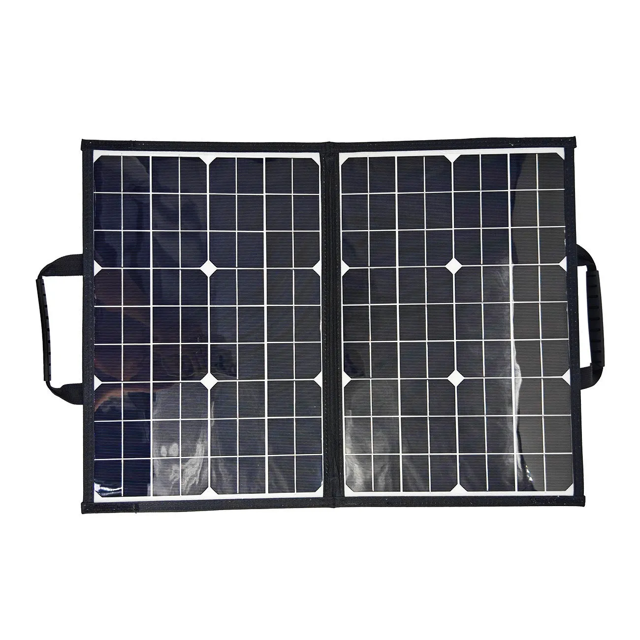 Black 40W solar panel folded inside its portable carrying bag.