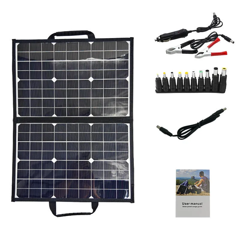 Black 40W solar panel folded inside its portable carrying bag.
