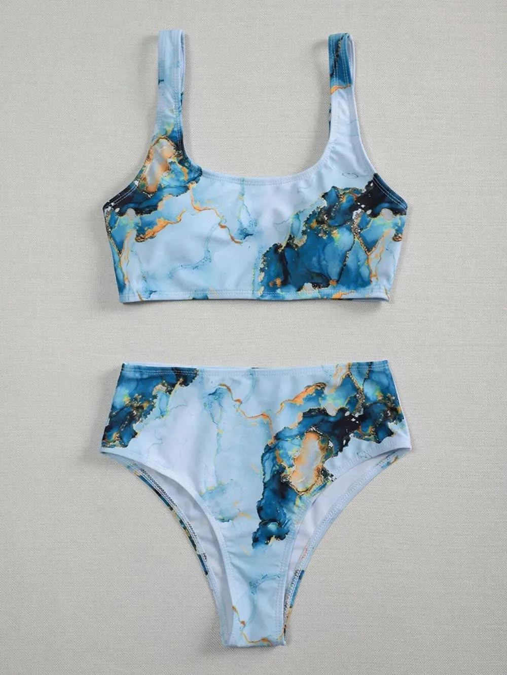 Women's high-waist U-neck separated bikini swimsuit with marble tie-dye printing