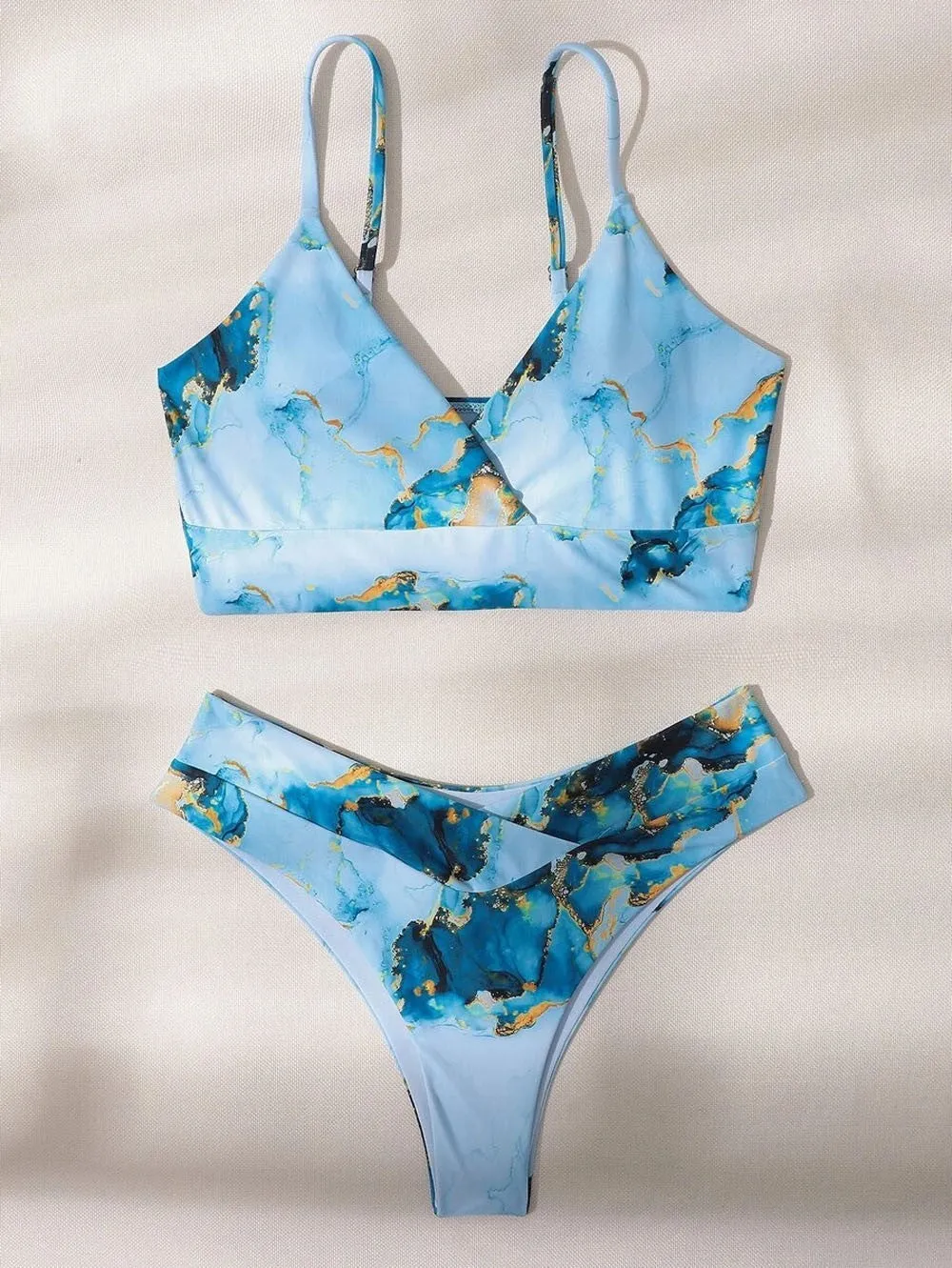Women's high-waist U-neck separated bikini swimsuit with marble tie-dye printing