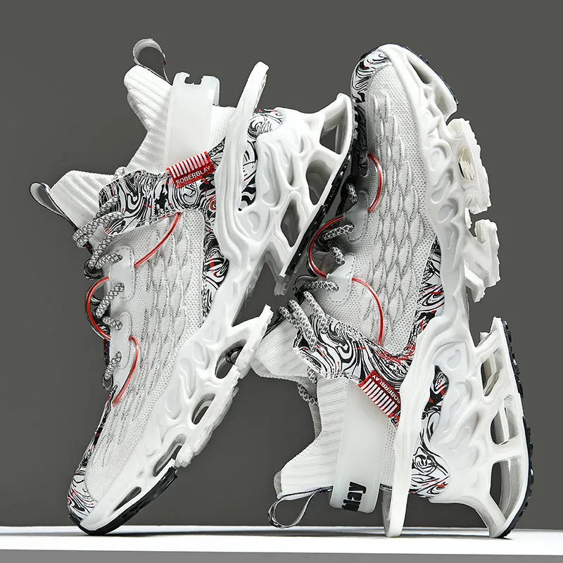 Men's soft bottom blade running sneakers with mesh upper and rubber sole in white, apricot, and black, sizes 39-46