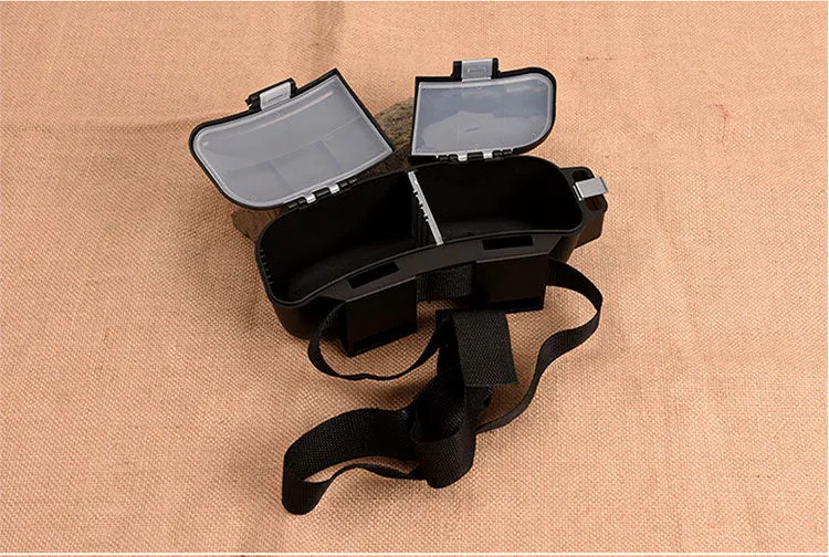 Black waist-mounted super hard plastic fishing bait box with adjustable belt on hip