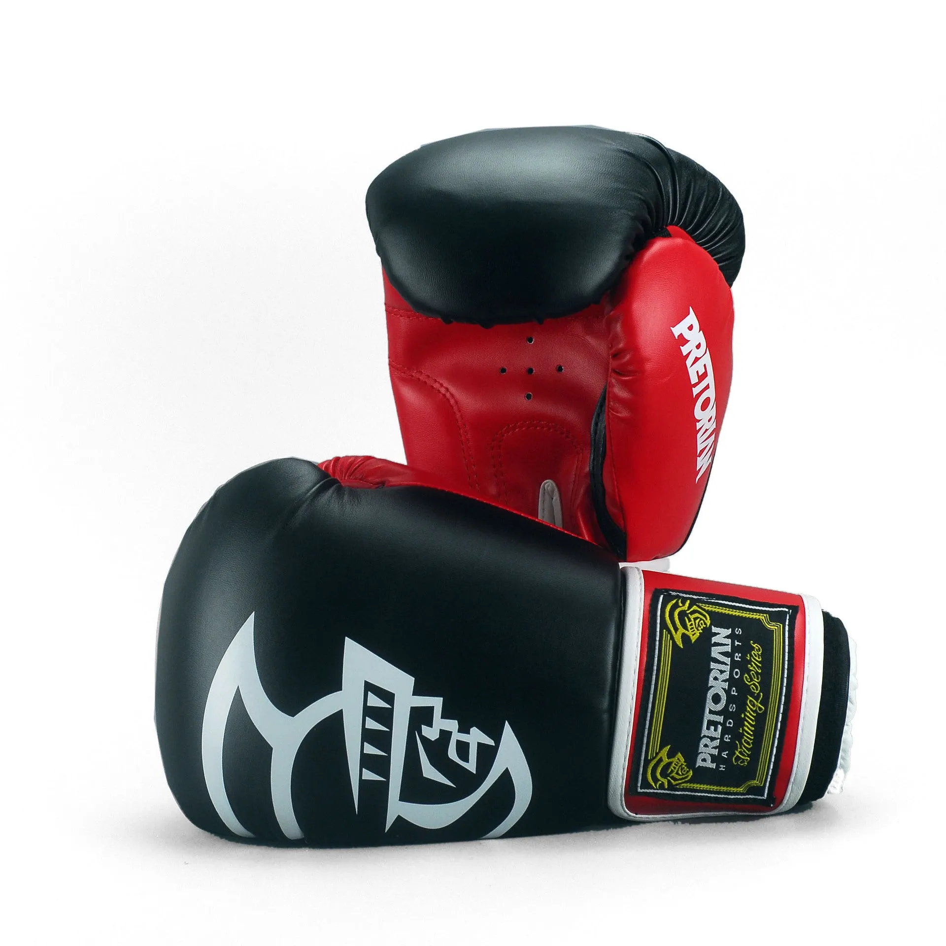 Junior professional fighting boxing gloves in black red colour, PU leather, 12oz size for martial arts training