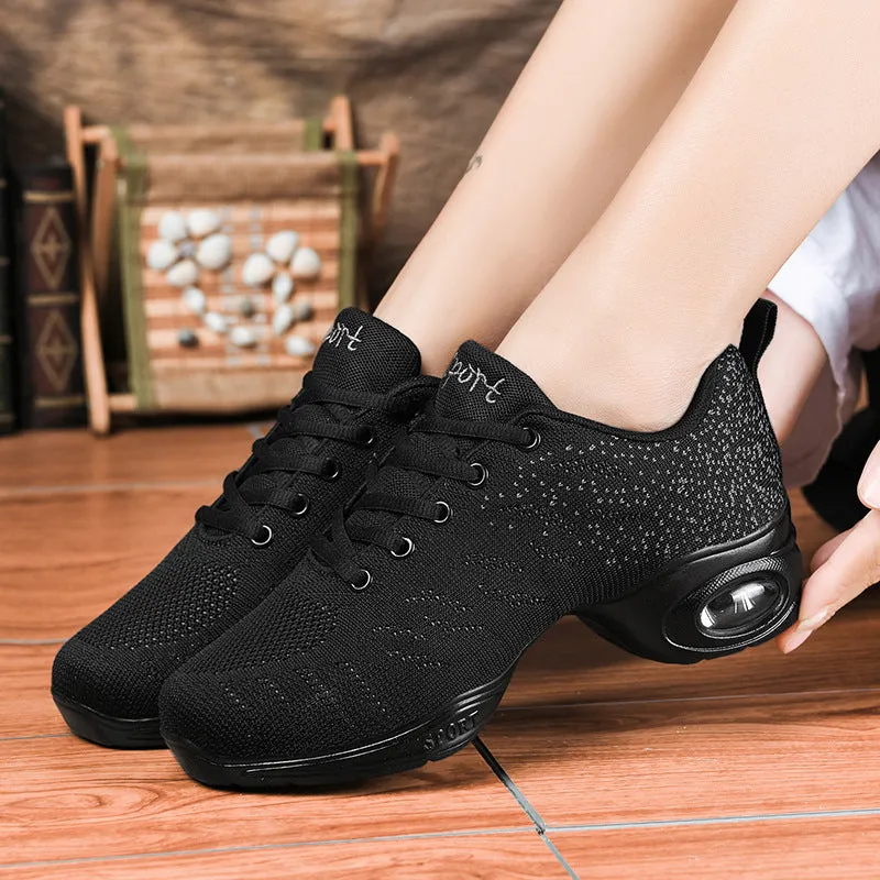 Spring summer mesh mid-heel dance shoes for women in black with round toe and soft sole