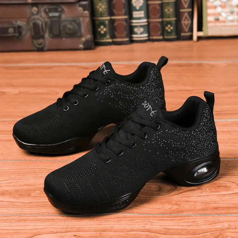 Spring summer mesh mid-heel dance shoes for women in black with round toe and soft sole