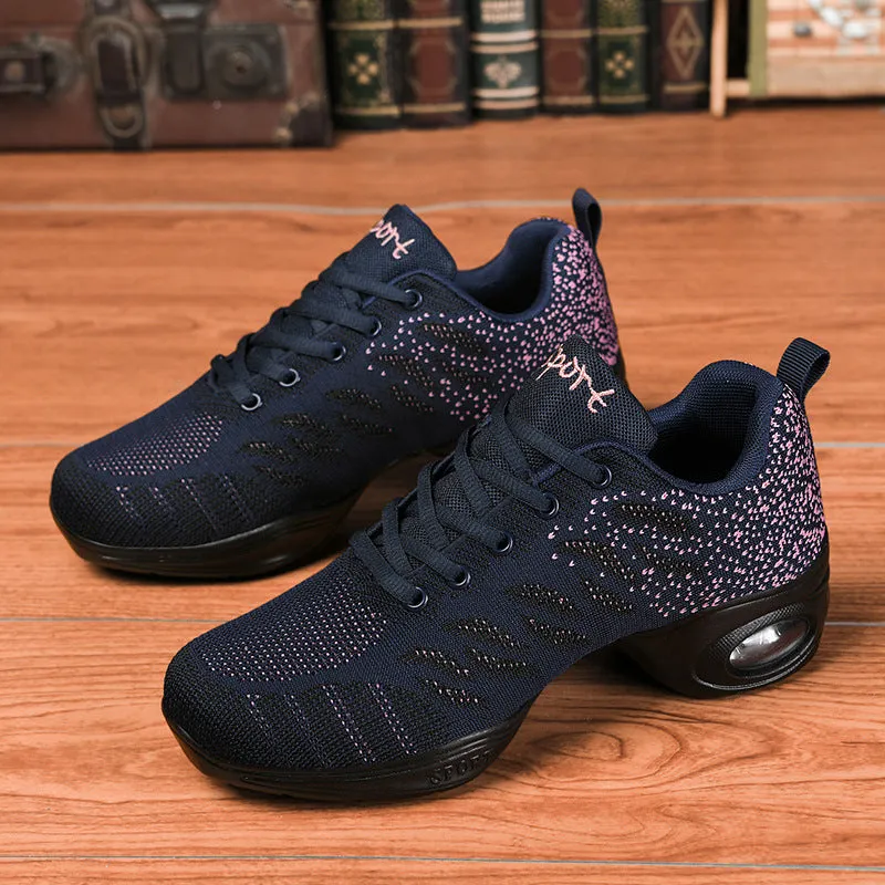 Spring summer mesh mid-heel dance shoes for women in black with round toe and soft sole