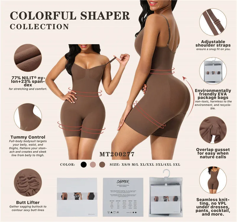 Body-shaping corset jumpsuit in black with seamless design, belly contracting, and chest support for full torso shaping