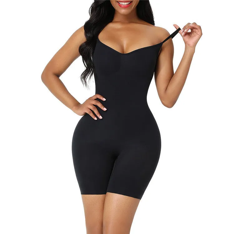 Body-shaping corset jumpsuit in black with seamless design, belly contracting, and chest support for full torso shaping