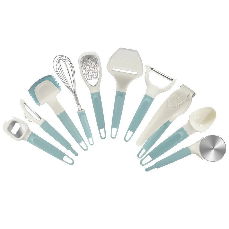 10-piece kitchen gadget set with PP handles and stainless steel inserts including cheese scraper, meat tenderizer, egg beater, and grater on a white background