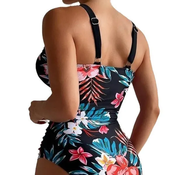 Women's floral pattern one-piece swimsuit with a backless design on a mannequin