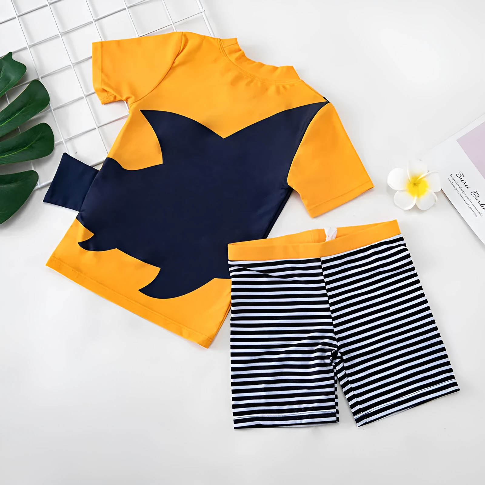 Children's swim top in Big mouth fish pattern, split design, quick-drying polyester with cotton lining