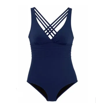Deep V backless high-waist solid colour one-piece nylon swimsuit for women in black